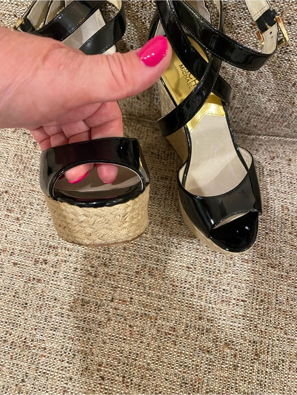 Michael Kors Black Patent Espadrille Platform Wedge Sandals